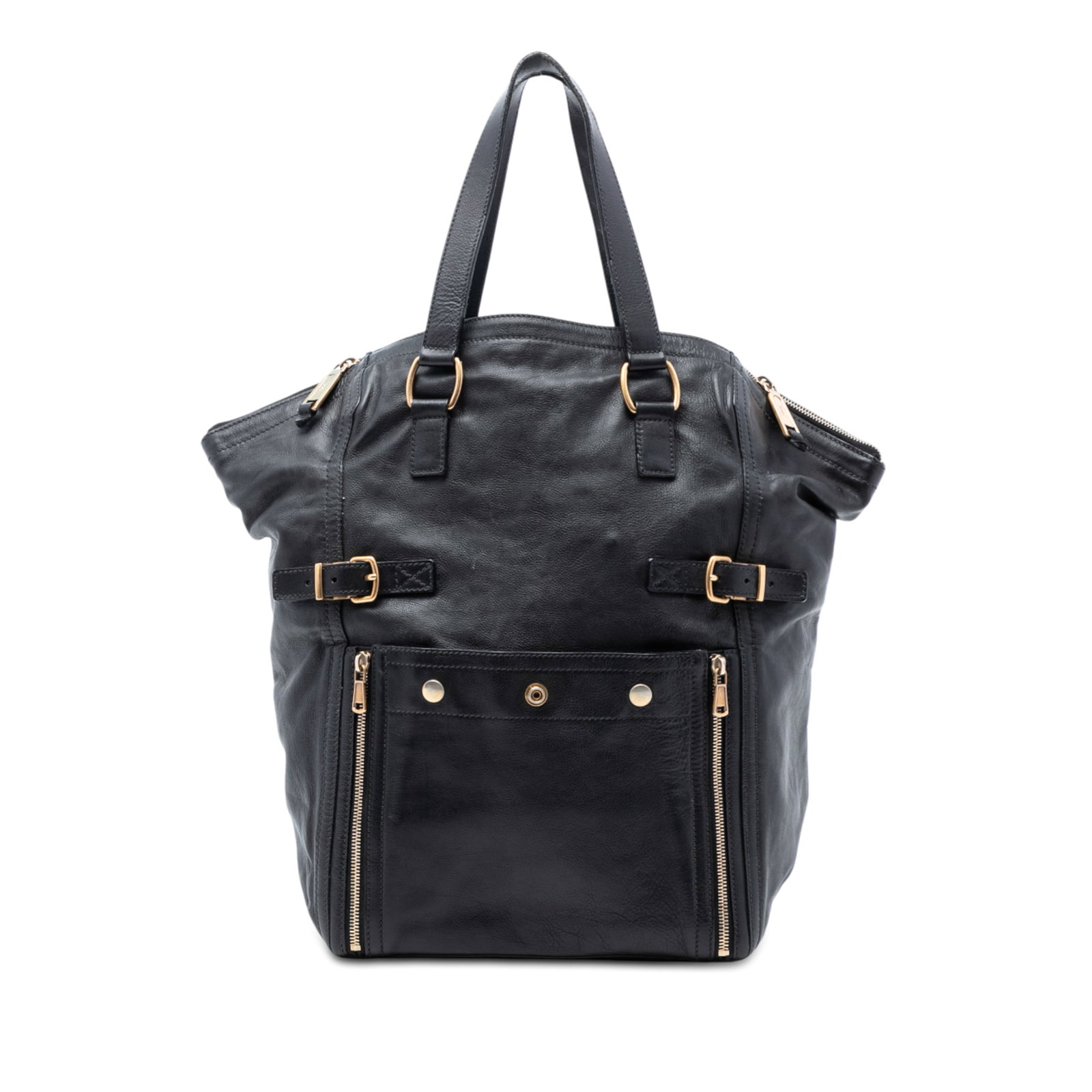 Black Leather Downtown Tote Bag by Saint Laurent Large Size: Black Leather Downtown Tote Bag by Saint Laurent Large Size This Saint Laurent Large Leather Downtown Tote features a black leather body with flat leather shoulder straps, a two-way top zip closure, e