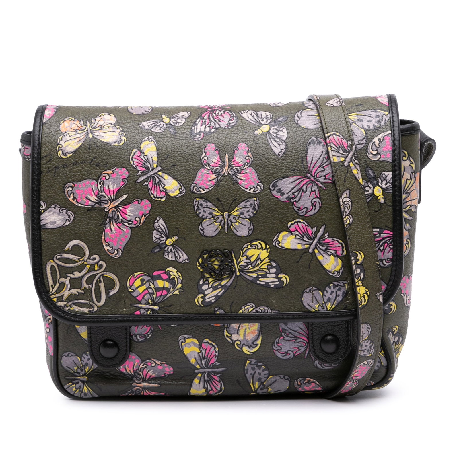 Loewe Tales of Spain Butterfly Leather Crossbody Bag with Anagram Design: Loewe Tales of Spain Butterfly Leather Crossbody Bag with Anagram Design This LOEWE Tales of Spain Butterfly Printed Leather Anagram Crossbody bag features a vibrant butterfly print on leather, comple