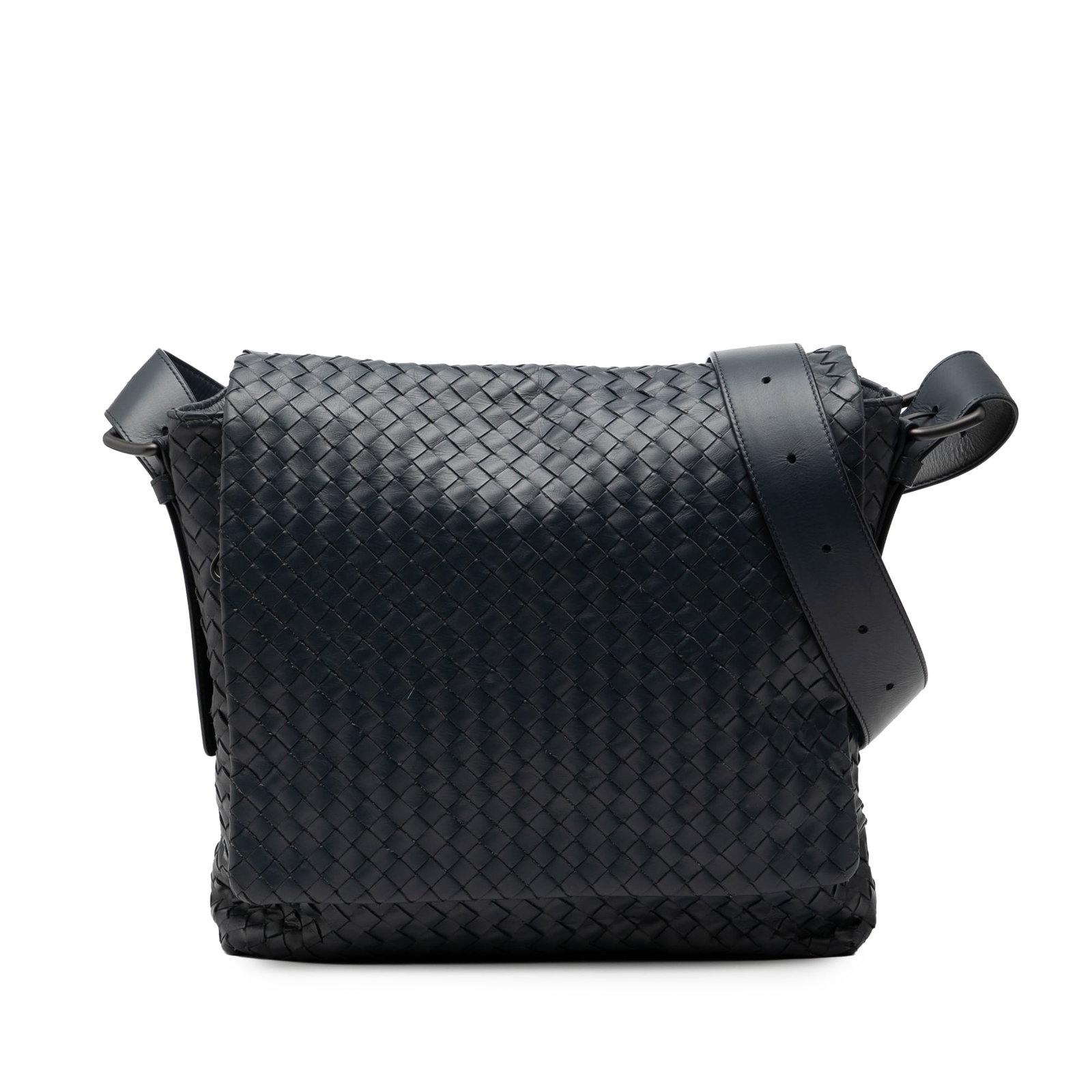 Black Nappa Leather Intrecciato Crossbody by Bottega Veneta: Black Nappa Leather Intrecciato Crossbody by Bottega Veneta This crossbody bag features Bottega Veneta's signature woven nappa leather design, complemented by an adjustable flat leather shoulder strap