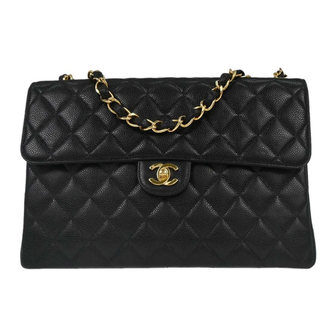 Chanel Jumbo Classic Flap Black Quilted Calfskin Shoulder Bag: Chanel Jumbo Classic Flap Black Quilted Calfskin Shoulder Bag This Chanel Classic Flap Jumbo shoulder bag features black quilted calfskin leather with a matelasse pattern. Designed with a large size, 