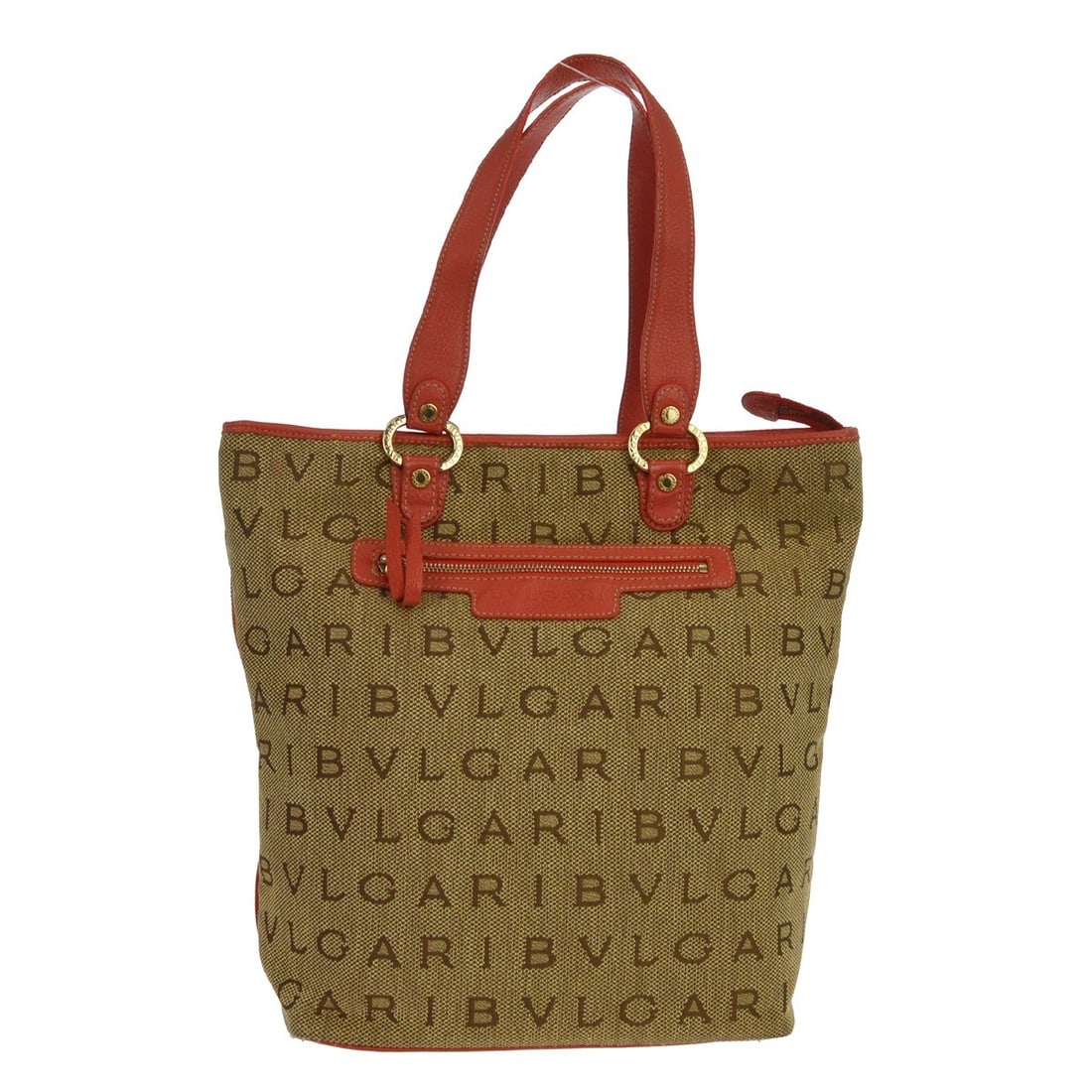 Bvlgari Logomania Large Canvas Tote in Beige and Pink: Bvlgari Logomania Large Canvas Tote in Beige and Pink This Bvlgari Logomania tote bag features a beige pink canvas leather exterior with double handles, designed for casual occasions. The large size o