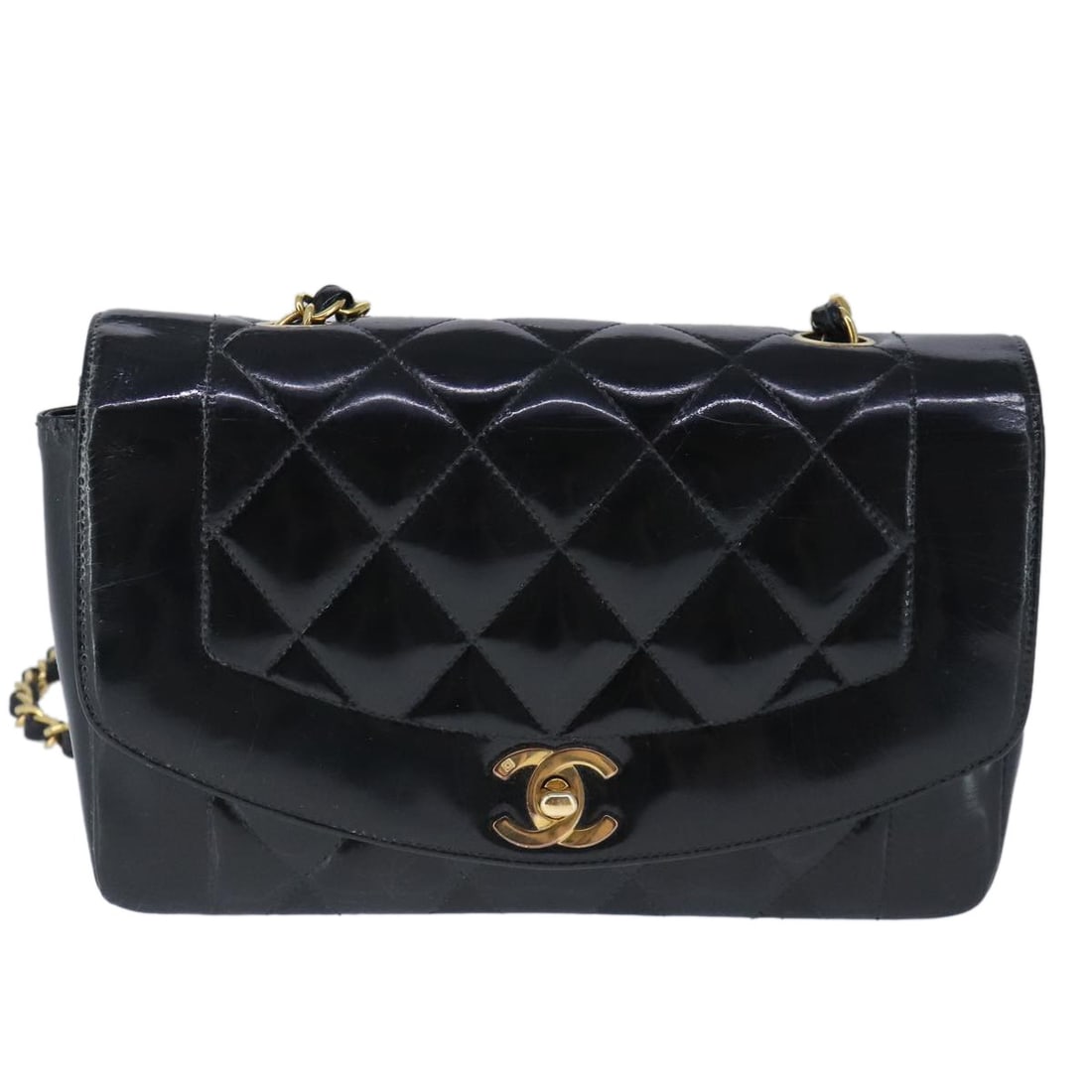 Chanel Black Patent Leather Vintage Diana Quilted Flap Shoulder Bag: Chanel Black Patent Leather Vintage Diana Quilted Flap Shoulder Bag The Chanel Vintage Diana Flap Bag features a quilted black patent leather exterior and is designed for women. This classic shoulder 