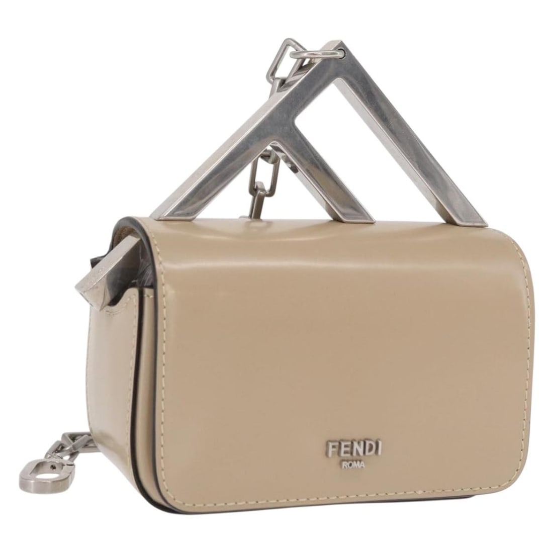 Fendi Beige Leather Shoulder Bag with Chain Strap Silver Accents: Fendi Beige Leather Shoulder Bag with Chain Strap Silver Accents This FENDI chain shoulder bag features beige and silver leather with a compact design, crafted in Italy for women. The bag is accented 