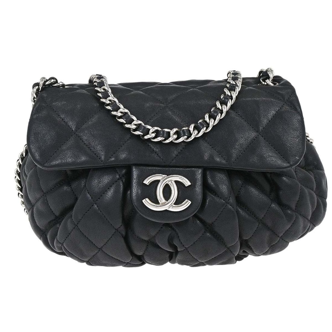 Chanel Chain Around Quilted Black Leather Medium Shoulder Bag: Chanel Chain Around Quilted Black Leather Medium Shoulder Bag This Chanel shoulder bag is crafted from black calfskin leather and features a quilted design with a chain strap. The medium-sized bag has