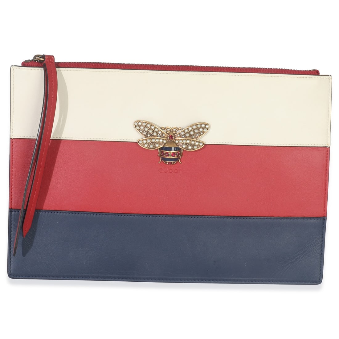 Queen Margaret Flat Pouch in Multicolor Leather by Gucci: Queen Margaret Flat Pouch in Multicolor Leather by Gucci This Gucci Queen Margaret Flat Pouch is crafted from multicolor calfskin leather in red, navy, and cream hues. Designed in Italy, the pouch fea
