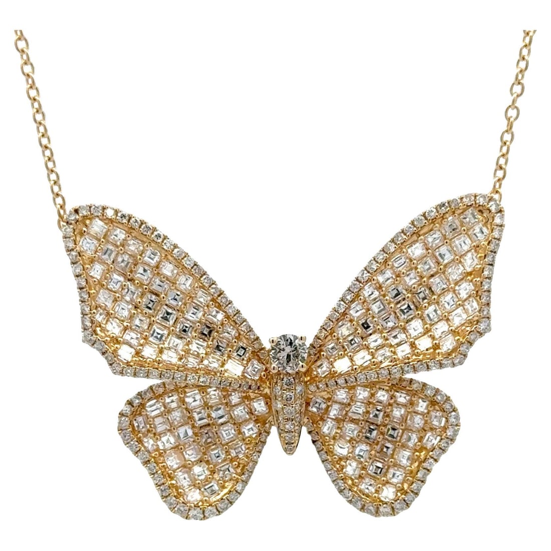 Harbor Diamonds 5.24 Carat Asscher Cut Diamond Butterfly Pendant Necklace in 18k Yellow Gold: Harbor Diamonds 5.24 Carat Asscher Cut Diamond Butterfly Pendant Necklace in 18k Yellow Gold This stunning large butterfly pendant necklace showcases exquisite craftsmanship with numerous Asscher cut 