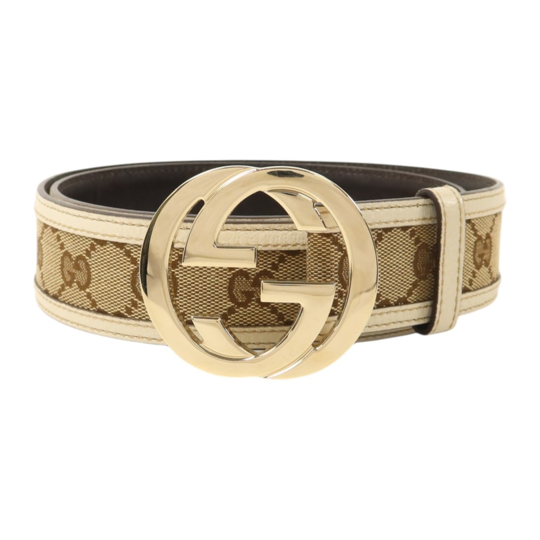 Gucci GG Canvas and Calfskin Beige White Men's Belt with Gold Hardware: Gucci GG Canvas and Calfskin Beige White Men's Belt with Gold Hardware This GUCCI belt features the signature GG canvas in beige with calfskin leather accents. Designed for men, it showcases gold tone