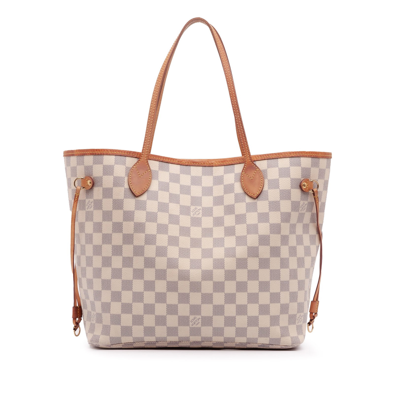 Neverfull MM Tote in Damier Azur Canvas with Vachetta Leather Trim: Neverfull MM Tote in Damier Azur Canvas with Vachetta Leather Trim This Louis Vuitton Damier Azur Neverfull MM features a damier canvas body accented with vachetta leather trim and flat vachetta leath