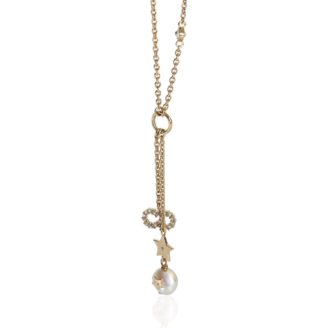 Christian Dior Strass CD Faux Pearl Gold Plated Lariat Necklace: Christian Dior Strass CD Faux Pearl Gold Plated Lariat Necklace This Christian Dior lariat necklace features a gold-plated finish and showcases the iconic 'CD' motif adorned with faux pearls. Designed
