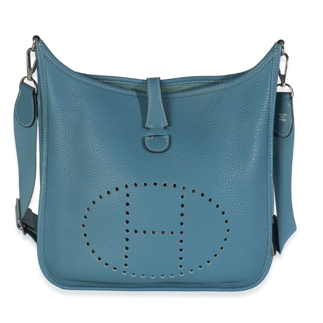 Evelyne III PM Blue Jean Leather Shoulder Bag with Silver Hardware by Hermes: Evelyne III PM Blue Jean Leather Shoulder Bag with Silver Hardware by Hermes This pre-owned Hermes Evelyne III PM shoulder bag features a Blue Jean leather exterior and suede lining. The bag is design