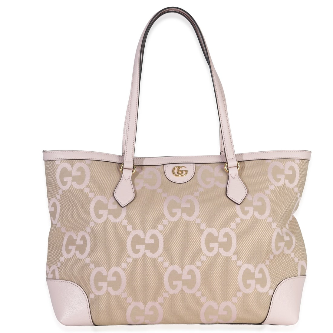 Large Ophidia Tote Pink Jumbo GG Monogram Leather Canvas by Gucci: Large Ophidia Tote Pink Jumbo GG Monogram Leather Canvas by Gucci This Gucci Pink Monogram Jumbo GG Large Ophidia Shopping Tote is crafted from textured calfskin leather and canvas with a distinctive 