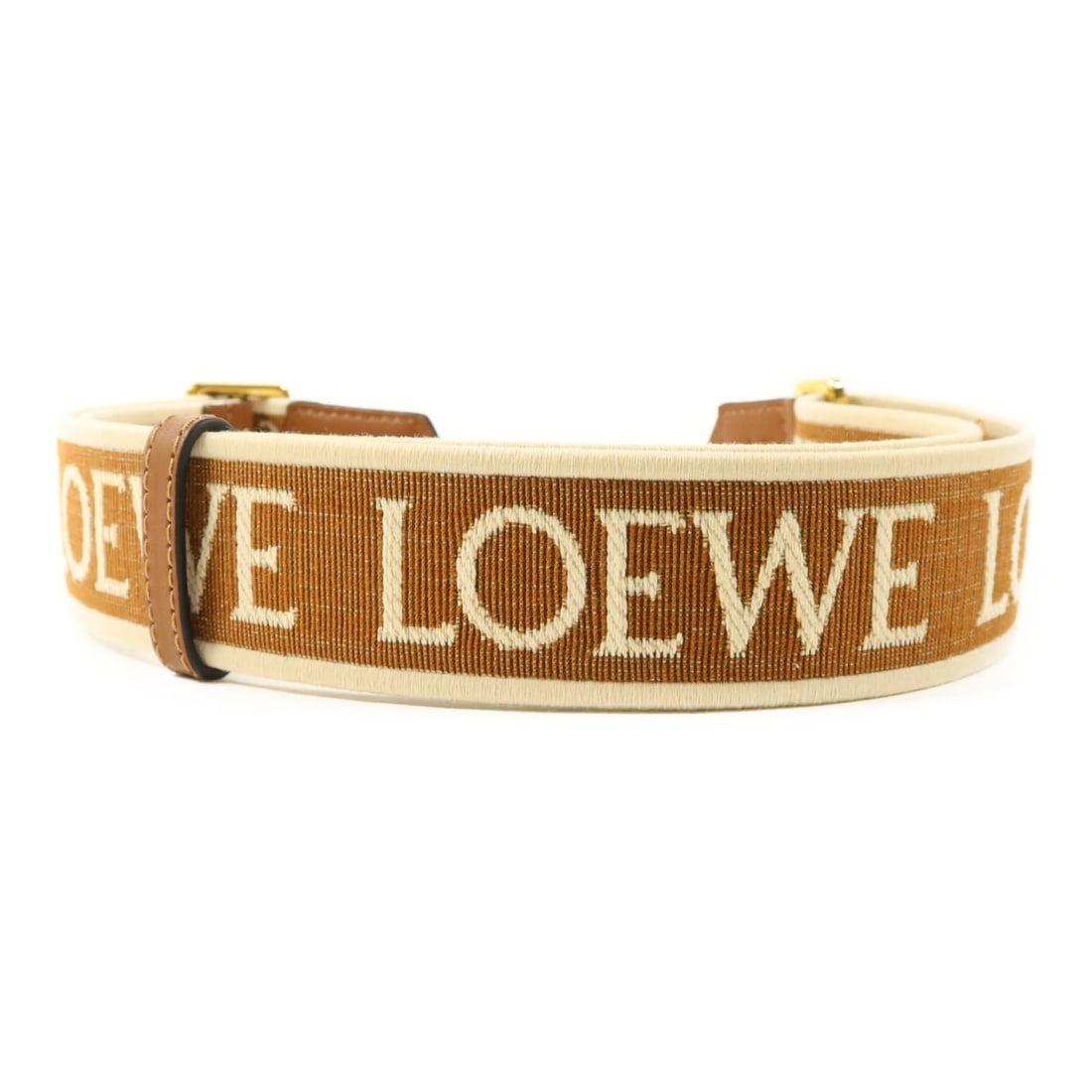 Loewe Brown Canvas and Calfskin Leather Shoulder Strap with Gold Hardware: Loewe Brown Canvas and Calfskin Leather Shoulder Strap with Gold Hardware This LOEWE shoulder strap features a brown canvas construction with calfskin leather accents. Designed for women, it is a vers