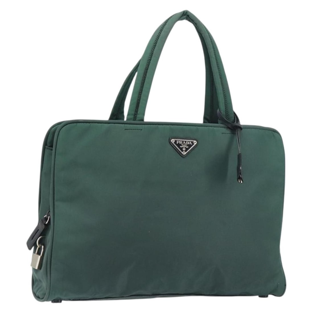 PRADA Khaki Silver Nylon Hand Bag with Accessories: PRADA Khaki Silver Nylon Hand Bag with Accessories This authentic PRADA hand bag combines practicality with elegance. Crafted in Italy from durable nylon, it features a sophisticated khaki and silver 