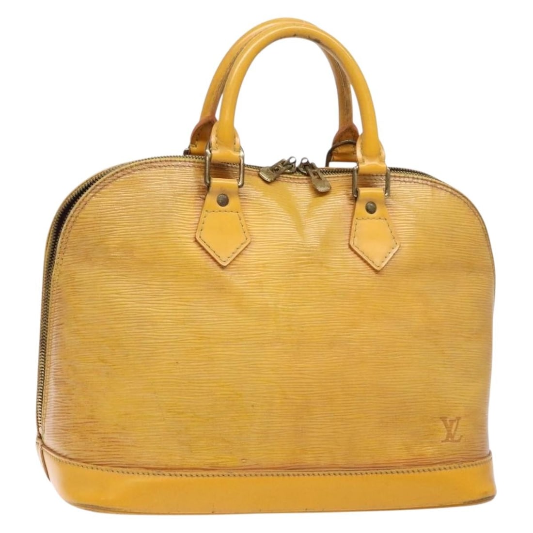 Louis Vuitton Epi Alma Hand Bag Yellow M52149 Made in France: Louis Vuitton Epi Alma Hand Bag Yellow M52149 Made in France This LOUIS VUITTON Epi Alma Hand Bag, crafted in France, showcases a vibrant yellow Epi leather exterior. The bag features a structured sil