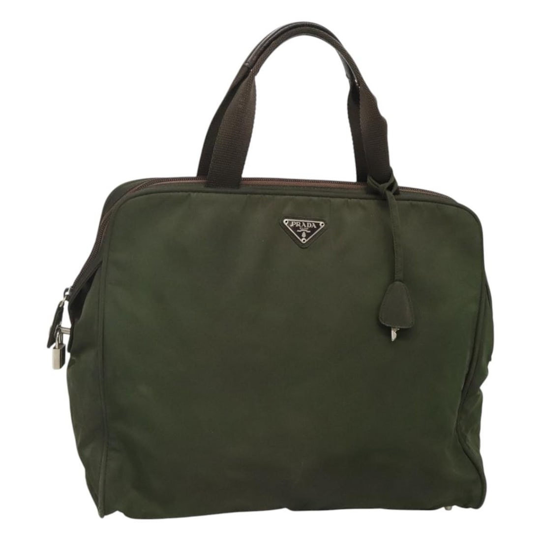 Prada Khaki Nylon Handbag with Silver Accents and Padlock Accessory: Prada Khaki Nylon Handbag with Silver Accents and Padlock Accessory This PRADA women's handbag is crafted from khaki nylon with silver-tone accents. The bag features dual top handles, a padlock with k