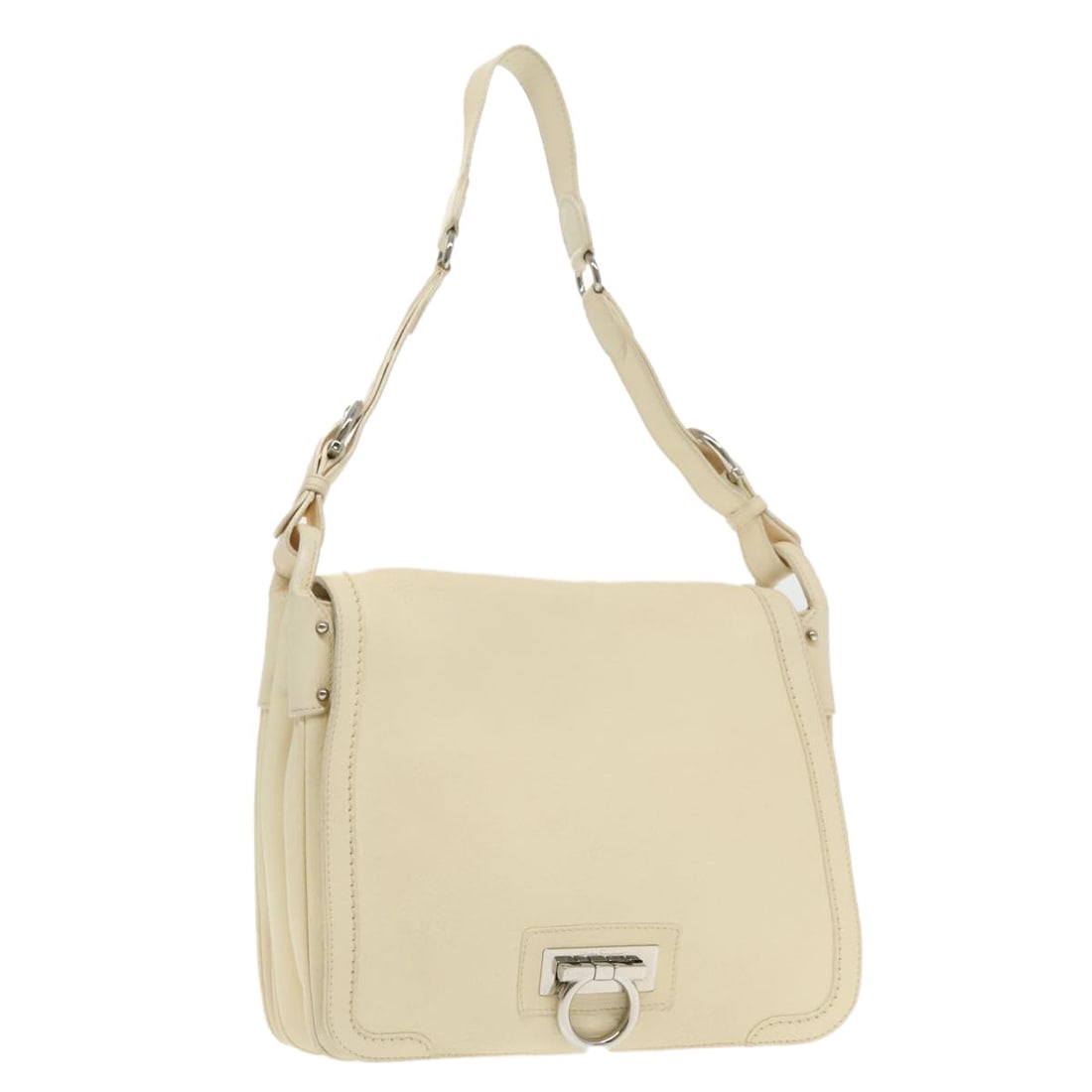 Beige Leather Gancini Shoulder Purse by Salvatore Ferragamo Italy: Beige Leather Gancini Shoulder Purse by Salvatore Ferragamo Italy This Salvatore Ferragamo Gancini shoulder bag is crafted from beige leather with silver-tone accents. Designed for women, the bag feat