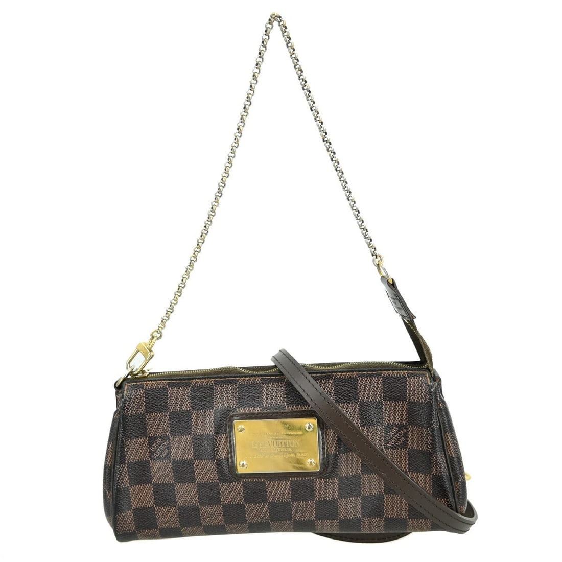 Louis Vuitton Eva Chain Bag Damier Ebene Canvas Small Brown N55213: Louis Vuitton Eva Chain Bag Damier Ebene Canvas Small Brown N55213 This Louis Vuitton Eva handbag features the iconic Damier Ebene check pattern and is crafted from Damier canvas leather. Designed for