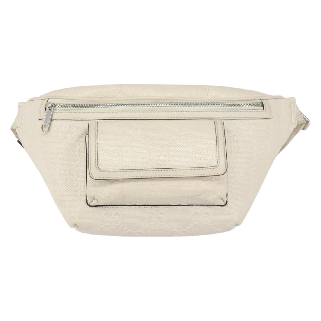 White Gucci Front Pocket Belt Bag in Perforated Leather: White Gucci Front Pocket Belt Bag in Perforated Leather This Gucci Front Pocket Belt Bag features GG embossed perforated leather in white, designed for unisex use. The bag shows signs of wear includin