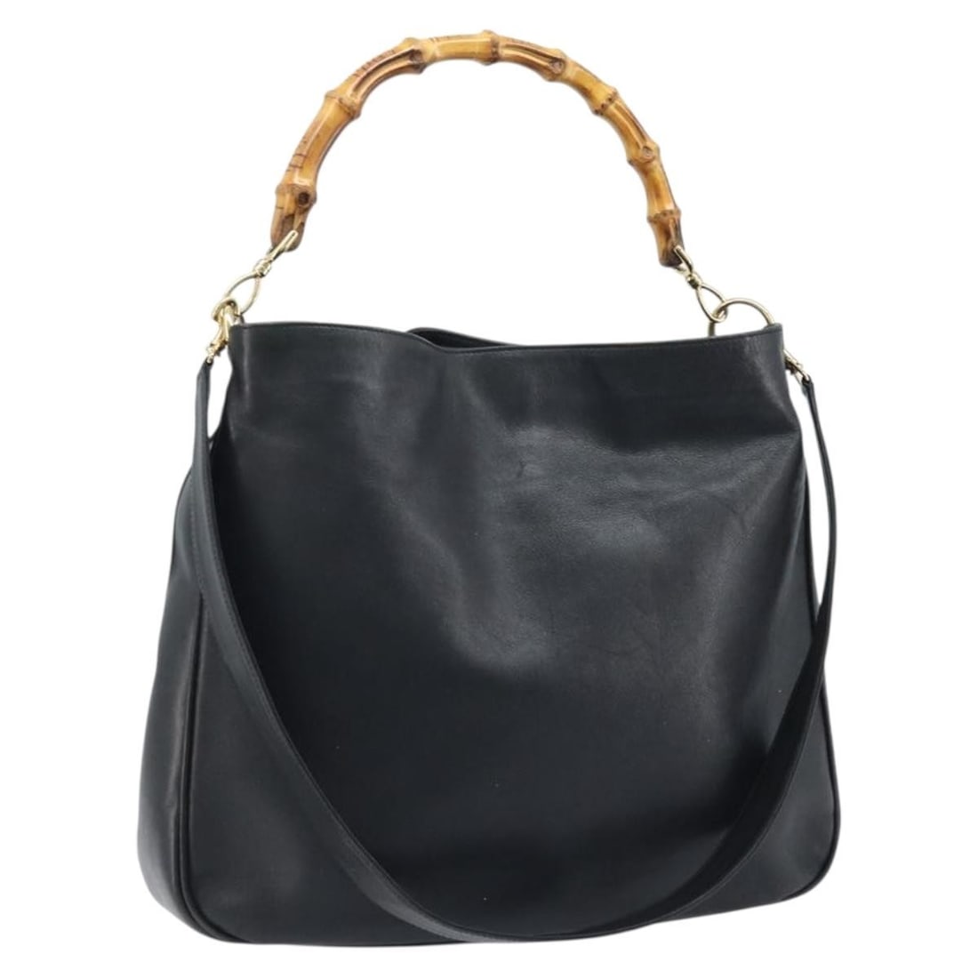 Gucci Bamboo Black Leather 2way Shoulder Bag with Gold Accents Model 001 1781 1577: Gucci Bamboo Black Leather 2way Shoulder Bag with Gold Accents Model 001 1781 1577 This GUCCI Bamboo Shoulder Bag is crafted from black leather with gold accents and offers a versatile 2-way design. T