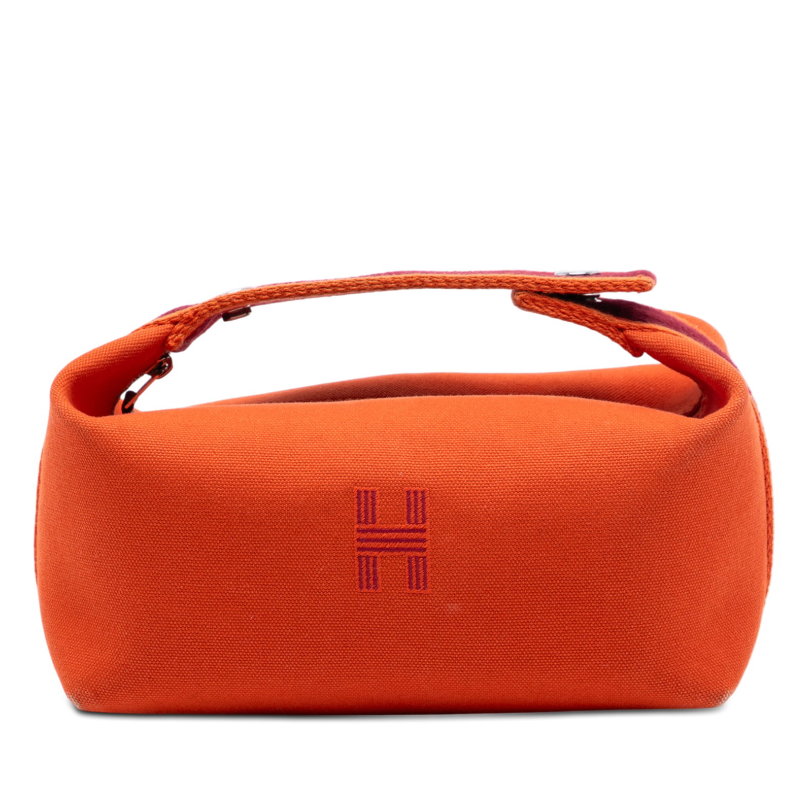 Small Orange Fabric Bride-A-Brac Pouch with Top Zip by Hermes: Small Orange Fabric Bride-A-Brac Pouch with Top Zip by Hermes This Hermes Small Toile Bride-A-Brac Case features a durable canvas body in orange, a flat handle, a top zip closure, and interior slip po