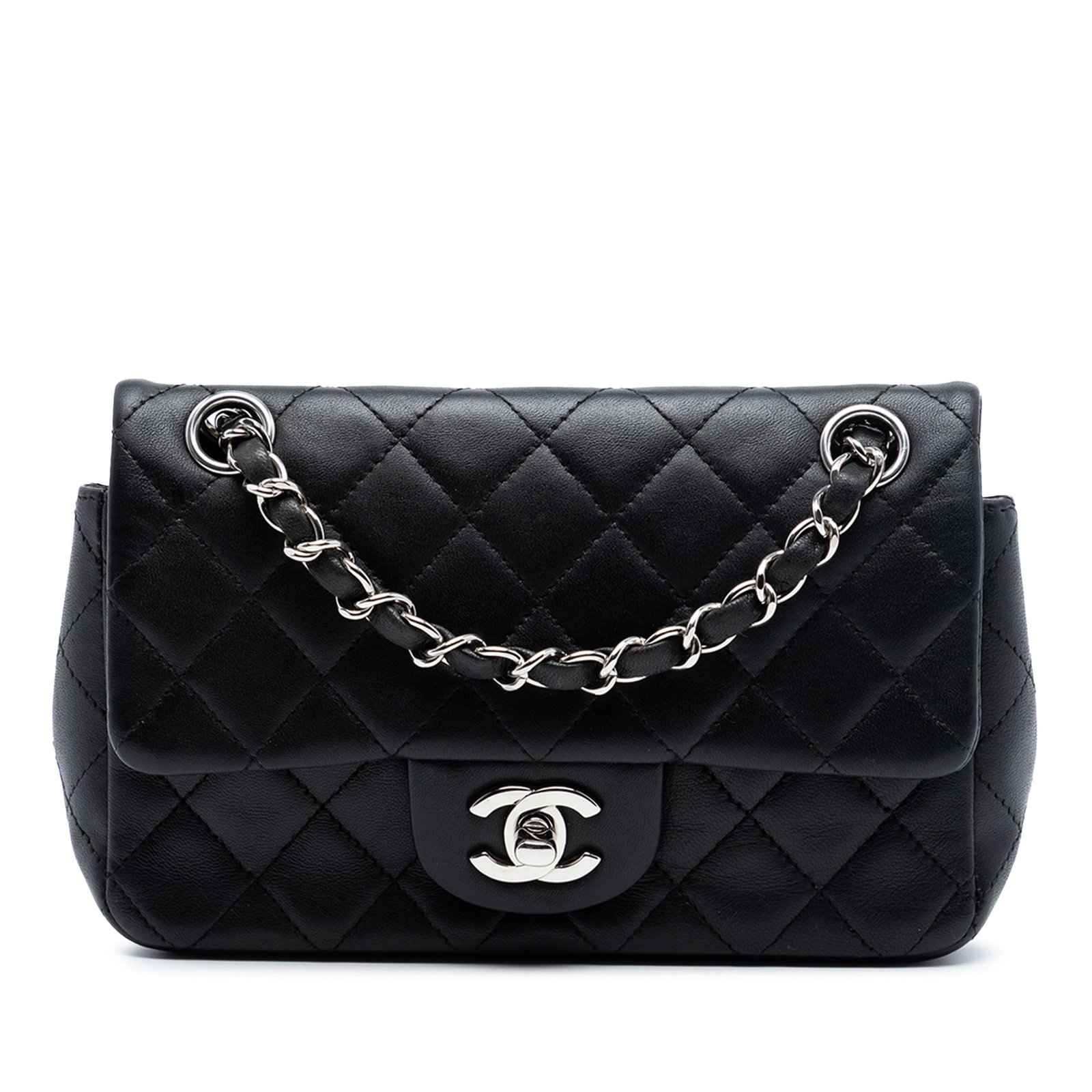 Chanel Black Quilted Lambskin Mini Rectangular Crossbody Bag with Silver Chain: Chanel Black Quilted Lambskin Mini Rectangular Crossbody Bag with Silver Chain This Chanel Mini Rectangular Classic crossbody bag is crafted from quilted lambskin leather in black and features a singl