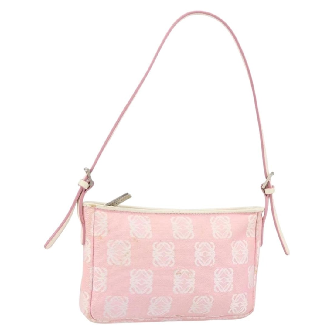 Loewe Pink Canvas Anagram Shoulder Bag with Silver Accents: Loewe Pink Canvas Anagram Shoulder Bag with Silver Accents This LOEWE Anagram shoulder bag features a pink and silver canvas exterior with silver-tone accents. The compact design includes a single sho