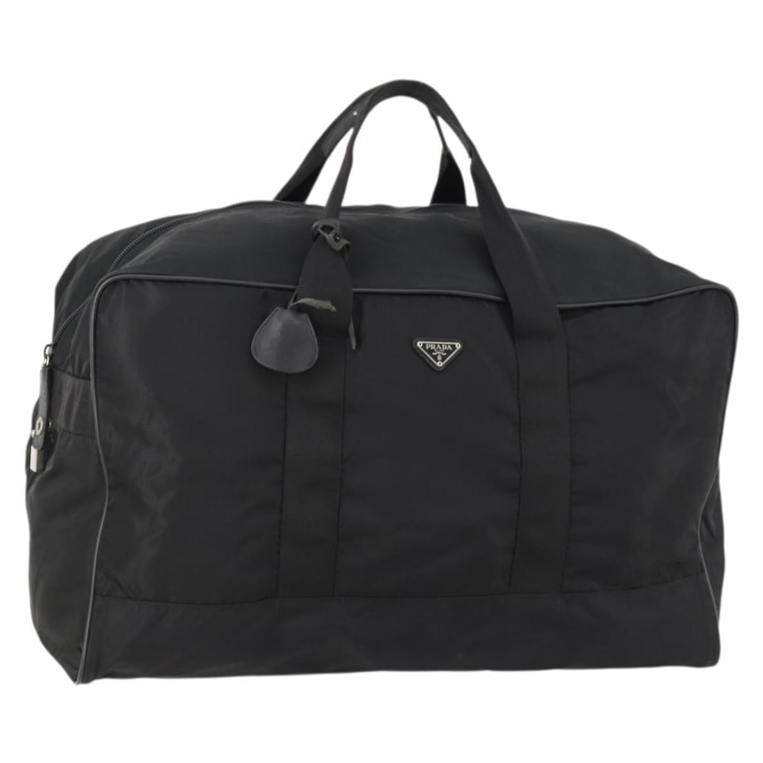 Prada Black Nylon Boston Bag with Silver Tone Hardware and Padlock: Prada Black Nylon Boston Bag with Silver Tone Hardware and Padlock This PRADA Boston bag is crafted from black nylon with silver-tone accents and is designed for women. The bag features a spacious int