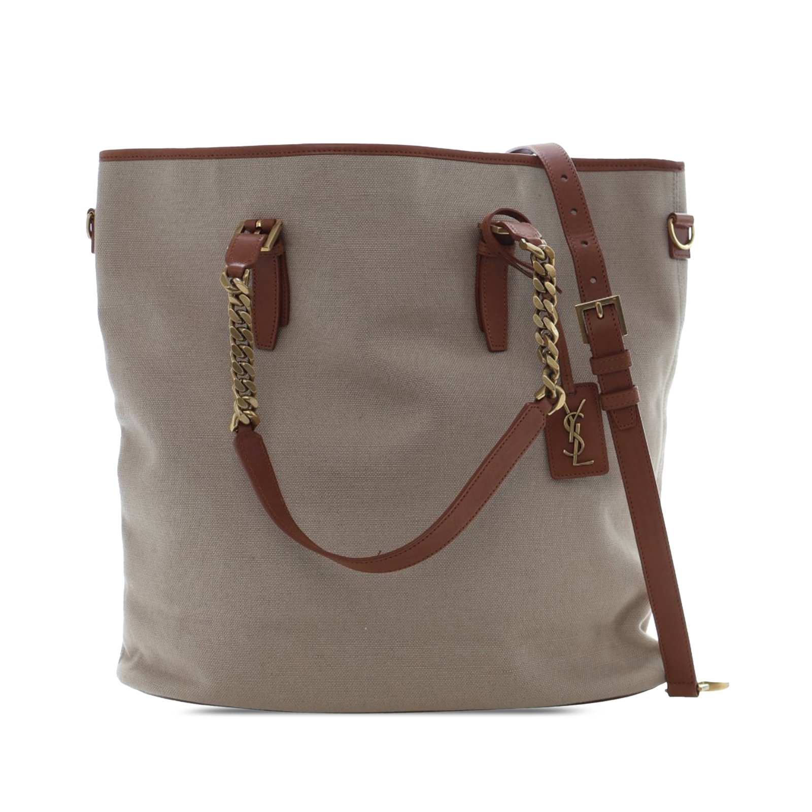 Saint Laurent Beige Canvas Tote with Leather Trim and Chain Handles: Saint Laurent Beige Canvas Tote with Leather Trim and Chain Handles This Saint Laurent Large Canvas Shopping Tote features a beige fabric body with leather trim, curb chain straps with leather guard, 