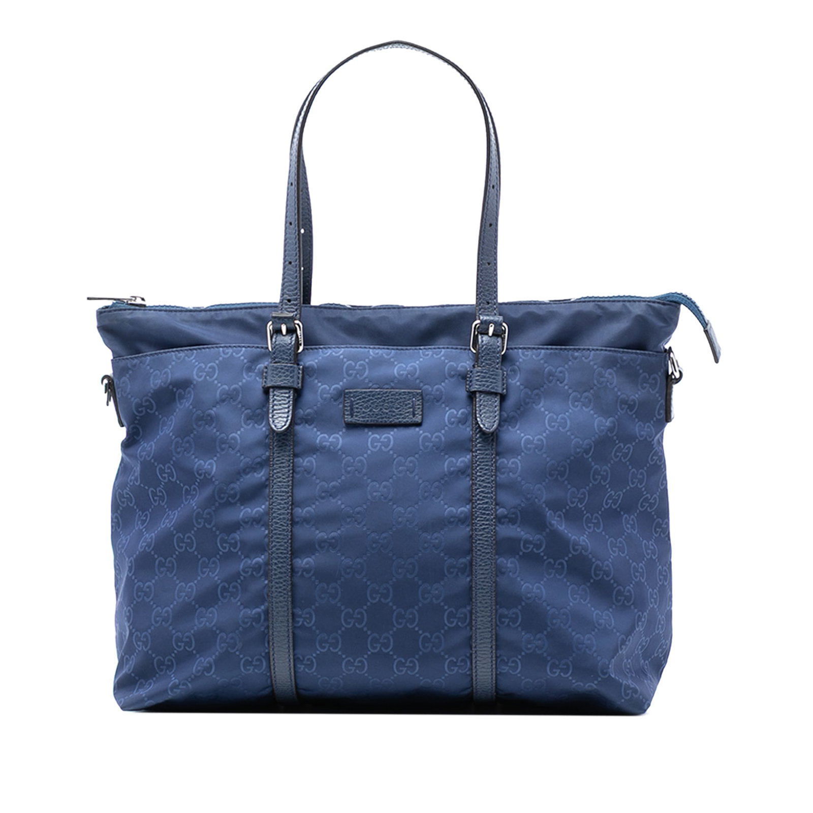 GG Nylon Blue Satchel with Leather Handles and Zip Pockets by Gucci: GG Nylon Blue Satchel with Leather Handles and Zip Pockets by Gucci This satchel features a blue nylon body with adjustable flat leather handles, a top zip closure, and interior zip and slip pockets. 