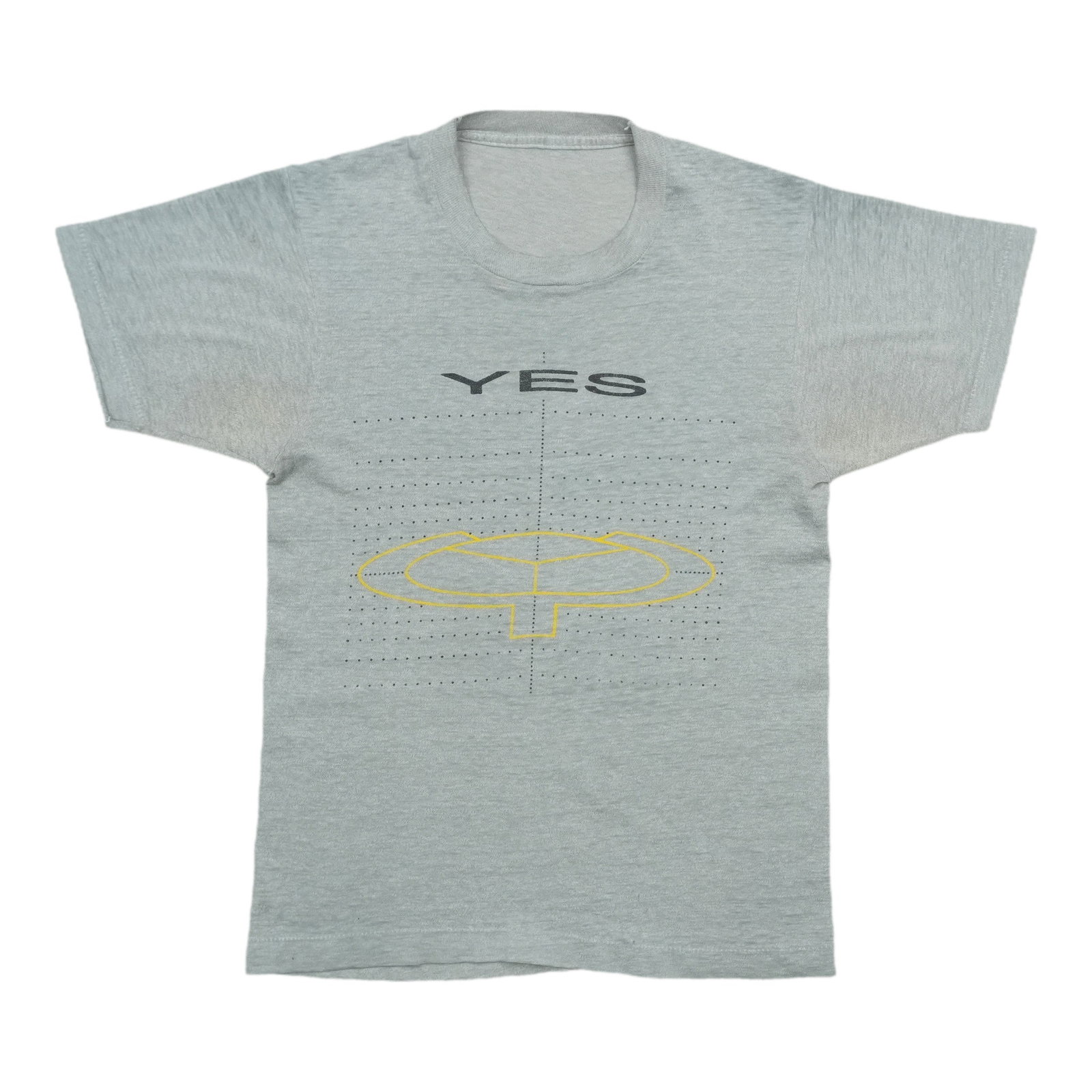 Vintage 1980s Yes Band Tour Graphic Shirt Grey Cotton Size Large: Vintage 1980s Yes Band Tour Graphic Shirt Grey Cotton Size Large This is an original vintage 1980s Yes World Tour shirt featuring both front and back graphics. The shirt is made of 100% cotton and com