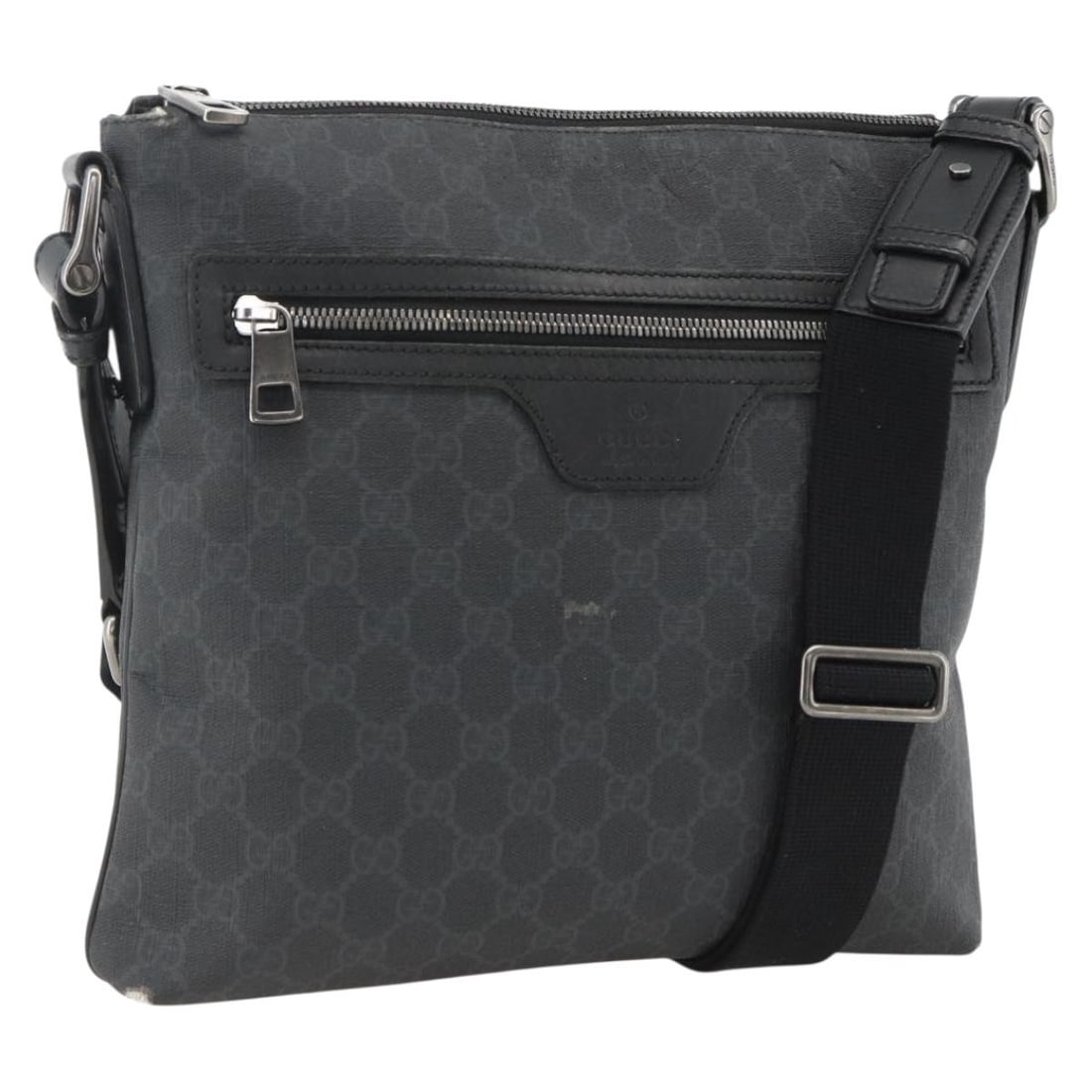 Black GG Supreme PVC Leather Shoulder Bag by Gucci Model 322279: Black GG Supreme PVC Leather Shoulder Bag by Gucci Model 322279 This is a Gucci GG Supreme shoulder bag crafted from black and silver PVC leather with GG canvas accents. Designed for women, the bag fe