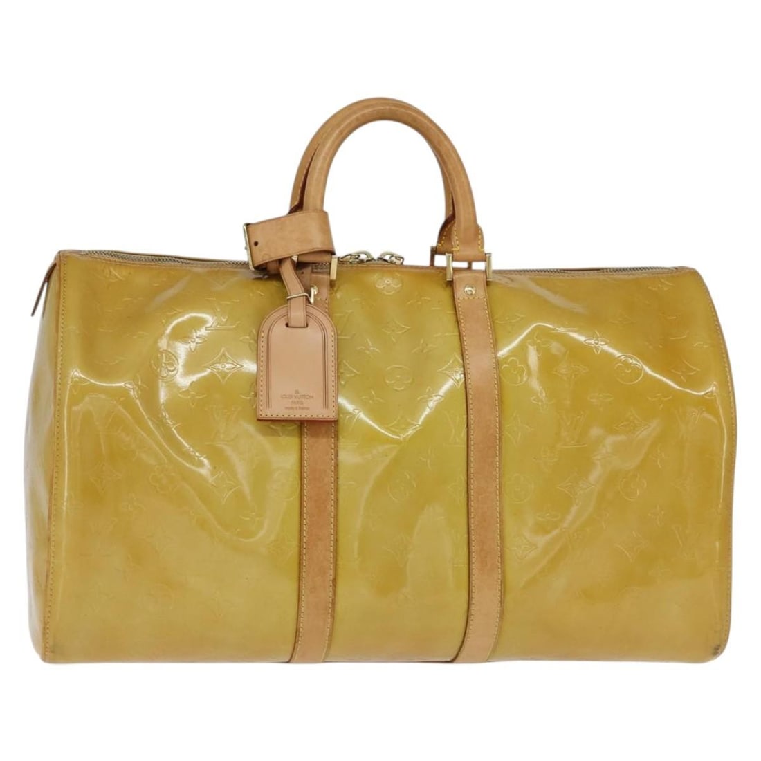 LOUIS VUITTON Monogram Vernis Beige Boston Bag M91000 Auth: LOUIS VUITTON Monogram Vernis Beige Boston Bag M91000 Auth This LOUIS VUITTON Monogram Vernis Mercer Boston Bag is a stylish accessory that combines luxury with practicality. Crafted in France from hi