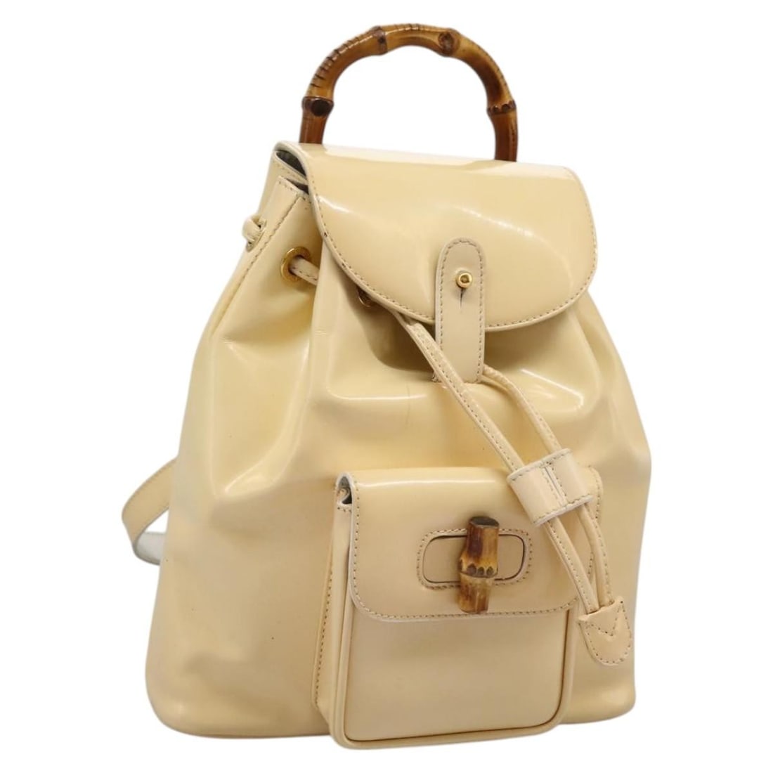 Gucci Bamboo Patent Leather Backpack Beige Gold 003 2058 0030 Italy: Gucci Bamboo Patent Leather Backpack Beige Gold 003 2058 0030 Italy This is a women's Gucci Bamboo backpack crafted from beige and gold patent leather. The bag features Gucci's iconic bamboo details a