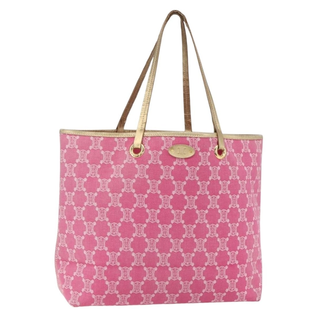 Celine Macadam Denim Canvas Tote Pink and Gold Handbag from Italy: Celine Macadam Denim Canvas Tote Pink and Gold Handbag from Italy This Celine Paris Macadam tote bag features a pink and gold canvas exterior with the signature Macadam pattern. Crafted in Italy, the 