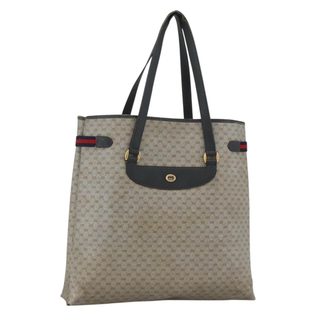 Gucci Micro GG Supreme Navy Sherry Line PVC Tote Bag 39 02 091: Gucci Micro GG Supreme Navy Sherry Line PVC Tote Bag 39 02 091 This is a women's GUCCI Micro GG Supreme Sherry Line tote bag crafted from navy and gold PVC leather with micro small GG canvas accents. 