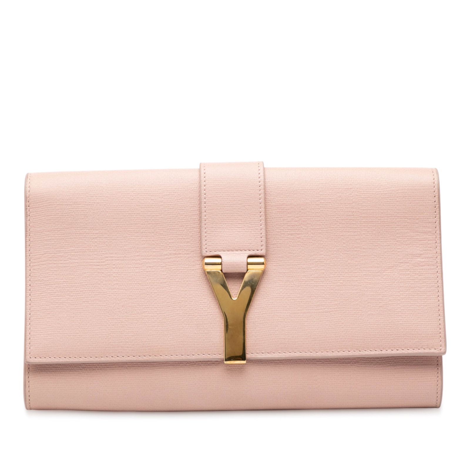 Saint Laurent Chyc Ligne Brown Leather Clutch with Gold Y Hardware: Saint Laurent Chyc Ligne Brown Leather Clutch with Gold Y Hardware This Saint Laurent Chyc Ligne Clutch is crafted from textured leather in brown and features a front flap with gold-tone Y hardware an