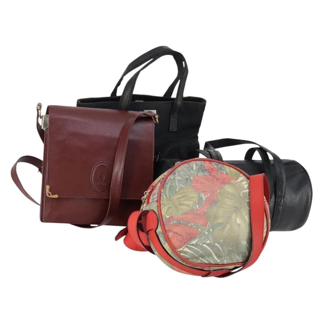 Salvatore Ferragamo Bordeaux Coated Canvas Shoulder Bag Set of 4: Salvatore Ferragamo Bordeaux Coated Canvas Shoulder Bag Set of 4 This stunning shoulder bag set from Salvatore Ferragamo features a chic bordeaux and black color scheme, crafted from durable coated ca