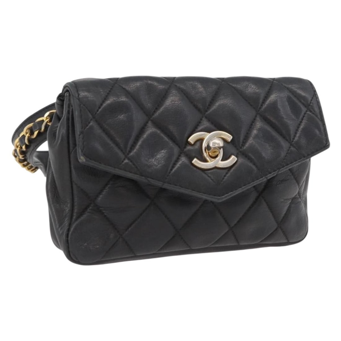 Chanel Matelasse Black Lambskin Waist Bag with Gold CC Logo: Chanel Matelasse Black Lambskin Waist Bag with Gold CC Logo This CHANEL Matelasse waist bag is crafted from black lambskin leather and features gold-tone CC accents. Designed for women, it is made in 