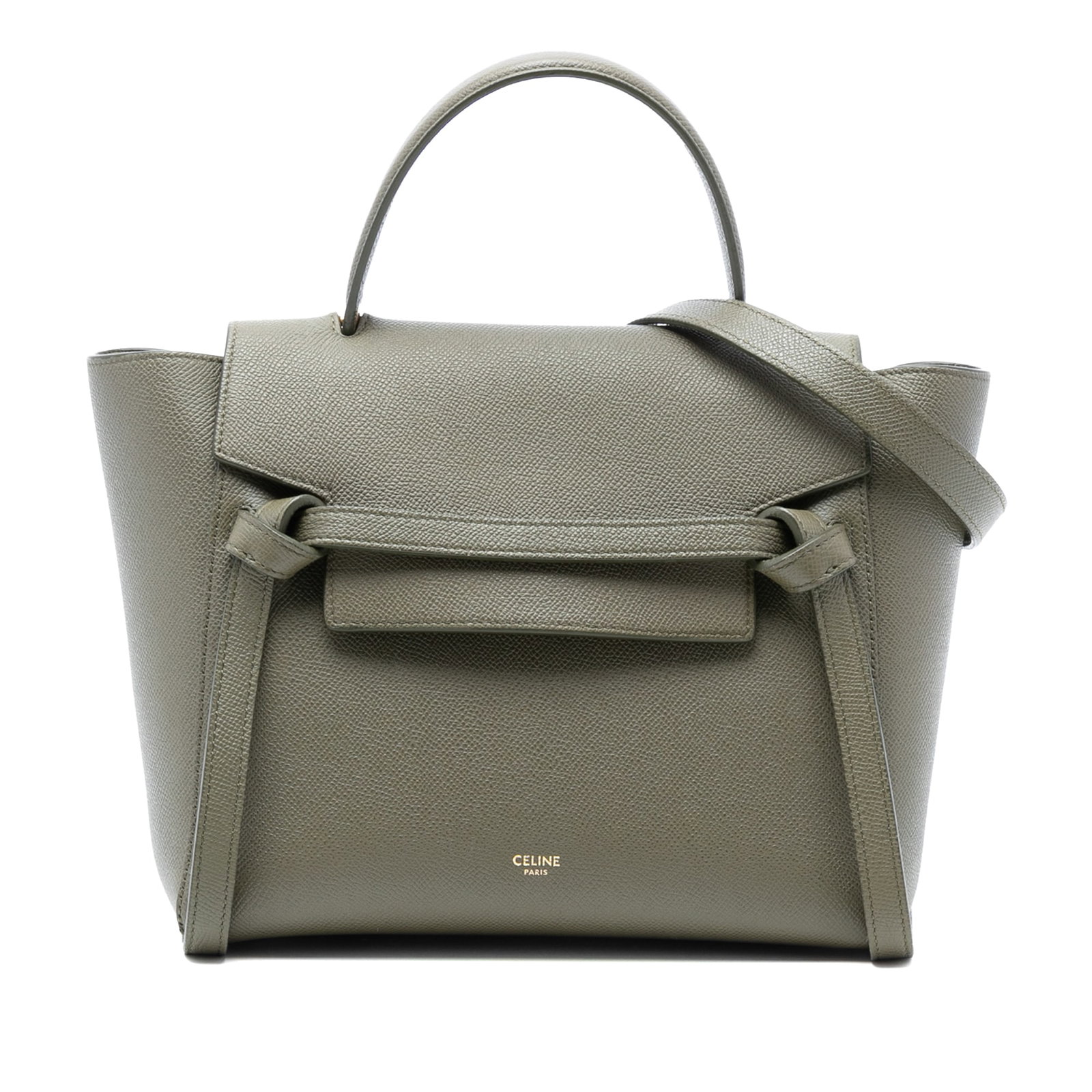 Celine Micro Belt Bag in Green Grained Calfskin Leather with Top Handle: Celine Micro Belt Bag in Green Grained Calfskin Leather with Top Handle This Celine Micro Grained Calfskin Belt Bag is crafted from green leather and features a flat leather top handle, a detachable f
