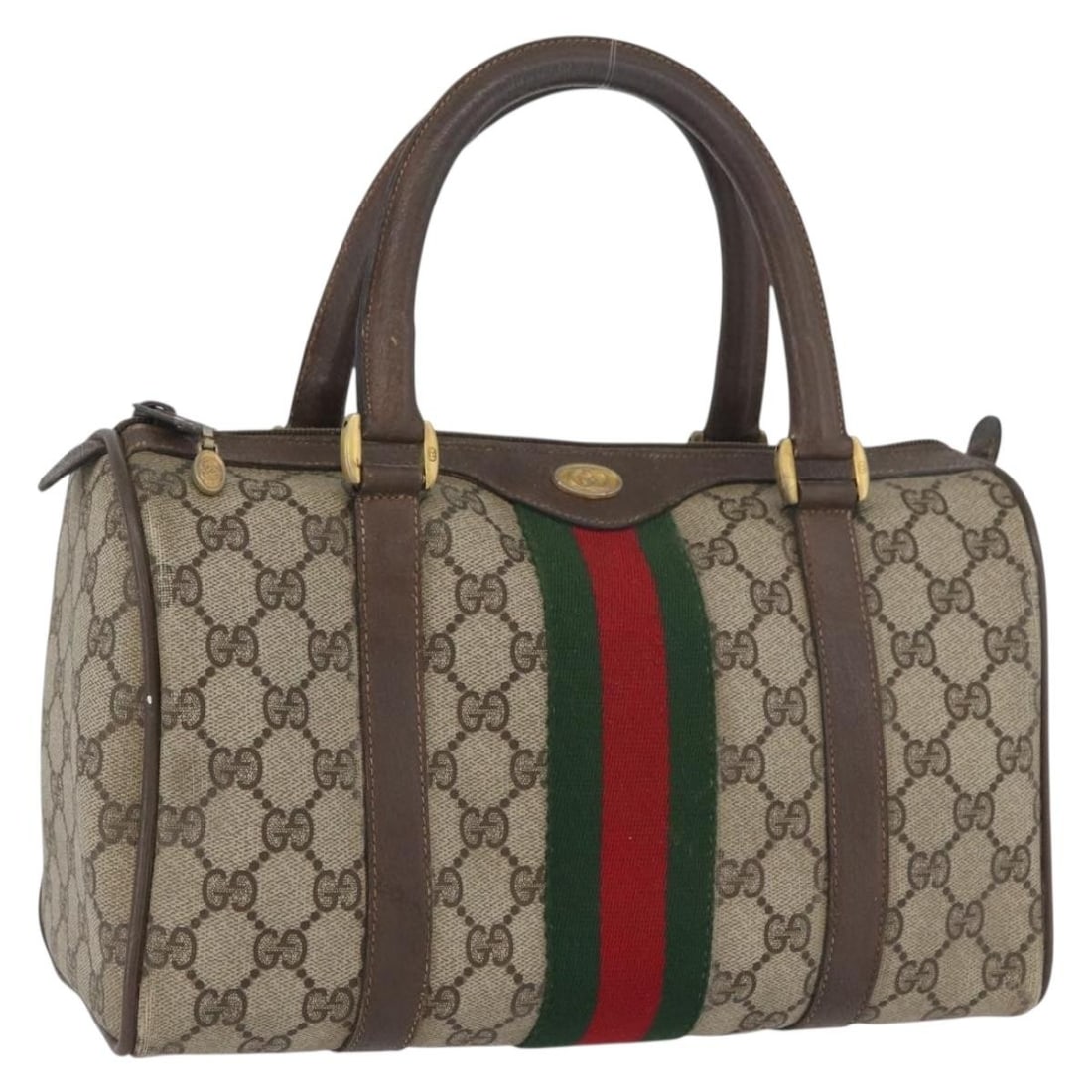 Gucci Boston Bag GG Supreme Sherry Web Beige PVC 39 02 006 Italy: Gucci Boston Bag GG Supreme Sherry Web Beige PVC 39 02 006 Italy This is a Gucci GG Supreme Web Sherry Line Boston Bag featuring beige and gold tones. The bag is crafted from PVC leather and GG canvas