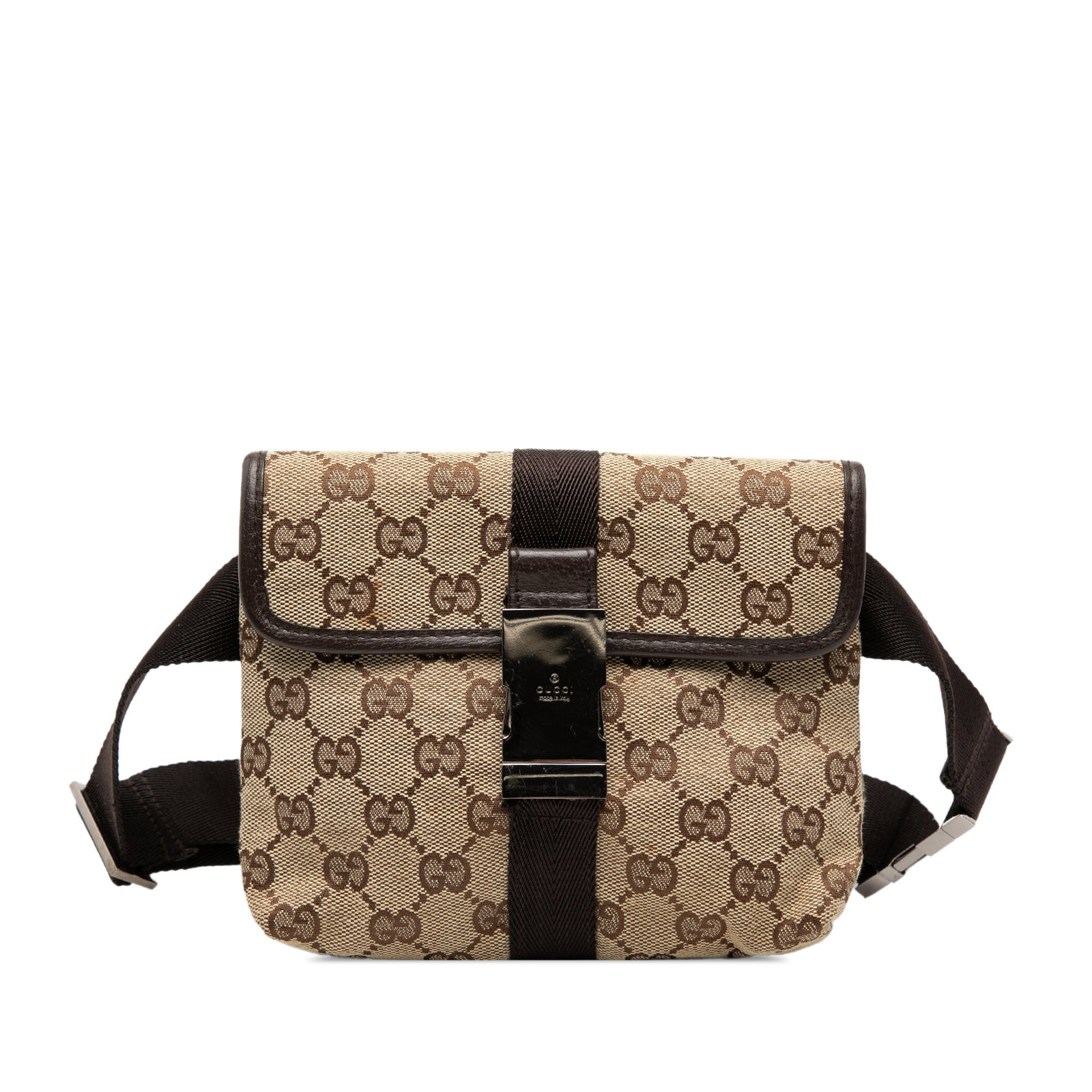 Beige GG Canvas Waist Bag with Leather Trim by Gucci: Beige GG Canvas Waist Bag with Leather Trim by Gucci This Gucci GG Canvas Belt Bag features a canvas body with leather trim, an adjustable flat waist strap, flap with buckle closure, and an interior z