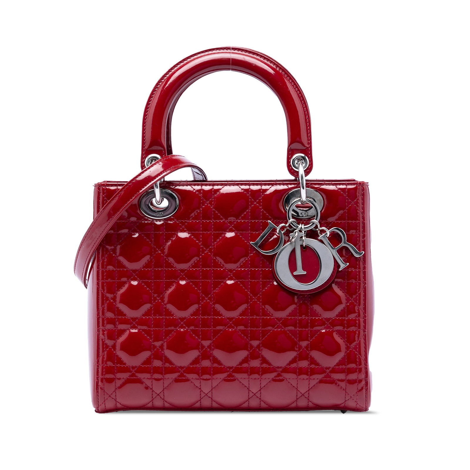 Dior Lady Dior Medium Red Patent Cannage Leather Handbag with Strap (1 of 7)