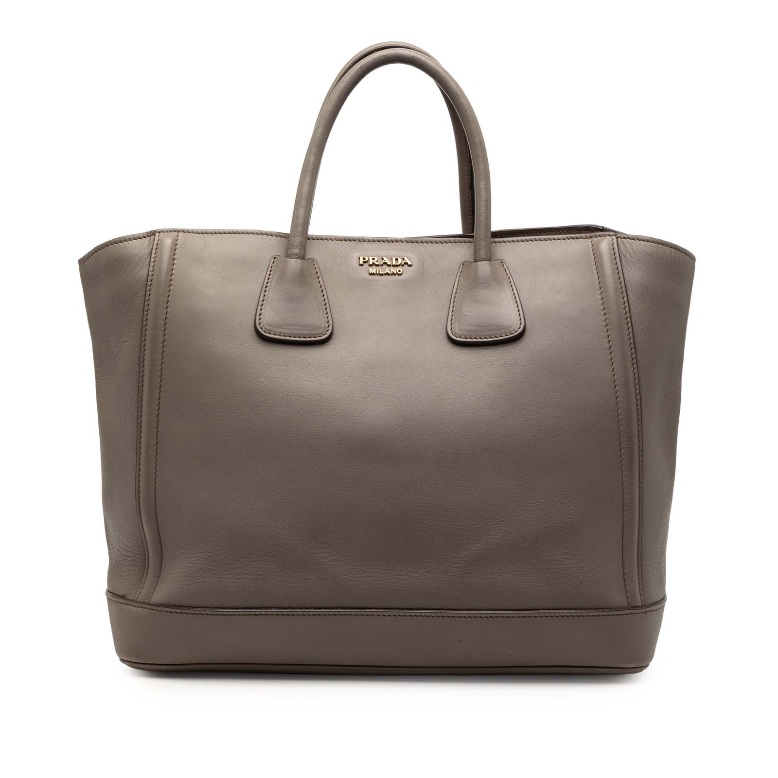 Gray Leather Prada Large City Calf Double Handle Tote Bag: Gray Leather Prada Large City Calf Double Handle Tote Bag This Prada Large City Calf Double Handle Shopping Tote is crafted from gray leather and features rolled leather handles, an open top with magn