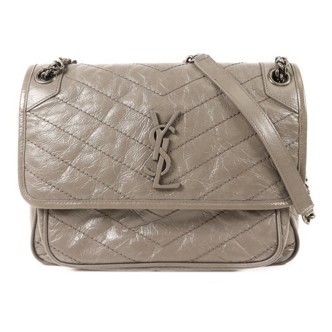 Saint Laurent Gray Niki Shoulder Bag Calfskin Leather Silver Hardware: Saint Laurent Gray Niki Shoulder Bag Calfskin Leather Silver Hardware This Saint Laurent Niki Chain Shoulder Bag features premium gray calfskin leather with a sleek design. Made in Italy, the bag is d