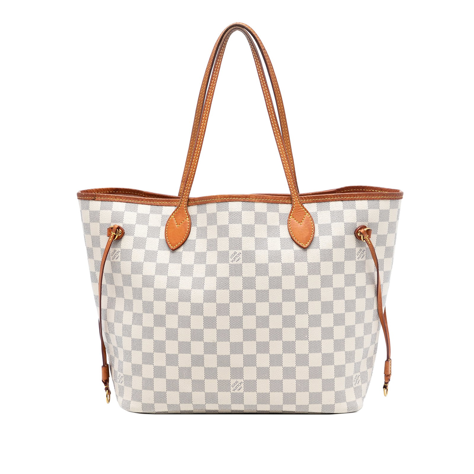 Neverfull MM Tote in Damier Azur Canvas with Vachetta Leather Trim: Neverfull MM Tote in Damier Azur Canvas with Vachetta Leather Trim The Louis Vuitton Damier Azur Neverfull MM features a damier canvas exterior with vachetta leather trim and flat vachetta leather han