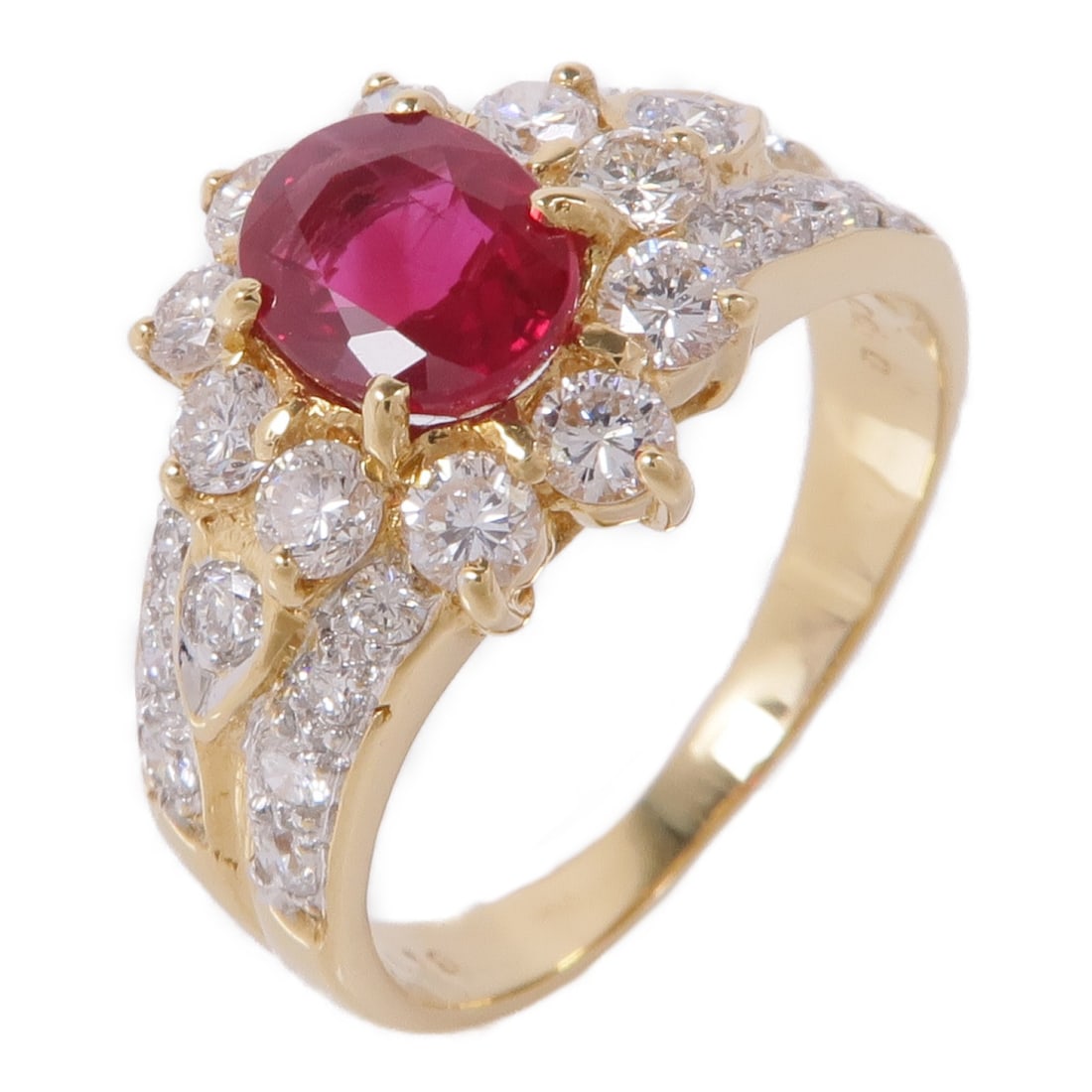 Ruby Diamond Ring in 18K Yellow Gold by JEWELRY Size 6.75: Ruby Diamond Ring in 18K Yellow Gold by JEWELRY Size 6.75 This exquisite ring showcases a stunning red ruby, set in luxurious 18K yellow gold, offering a perfect blend of elegance and style. The ring 