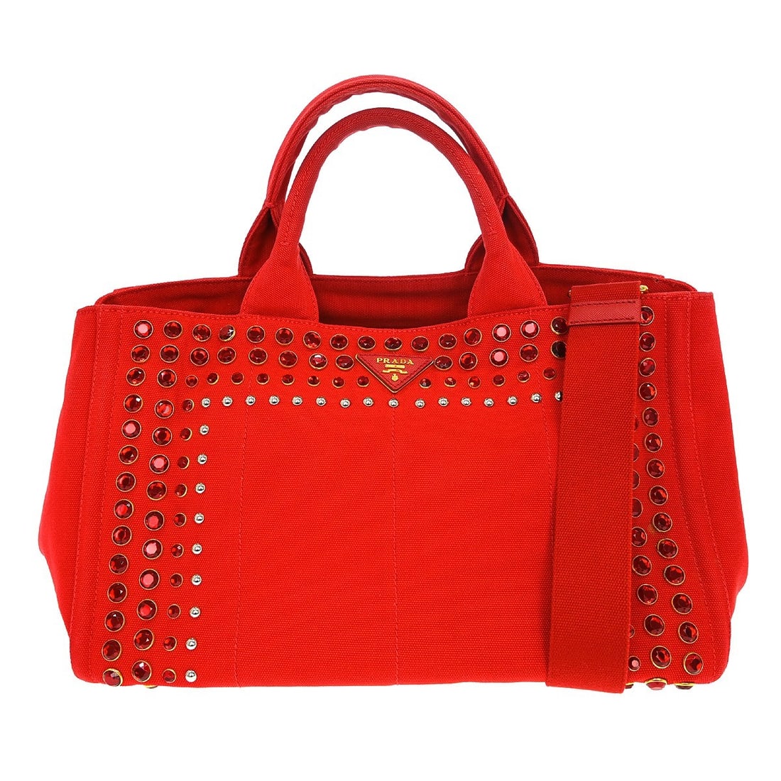 Prada Canapa Red Canvas Medium Tote Bag with Logo Accent: Prada Canapa Red Canvas Medium Tote Bag with Logo Accent This Prada Canapa tote handbag features a red canvas exterior with logo accents, offering a casual and versatile style. Designed for women, thi