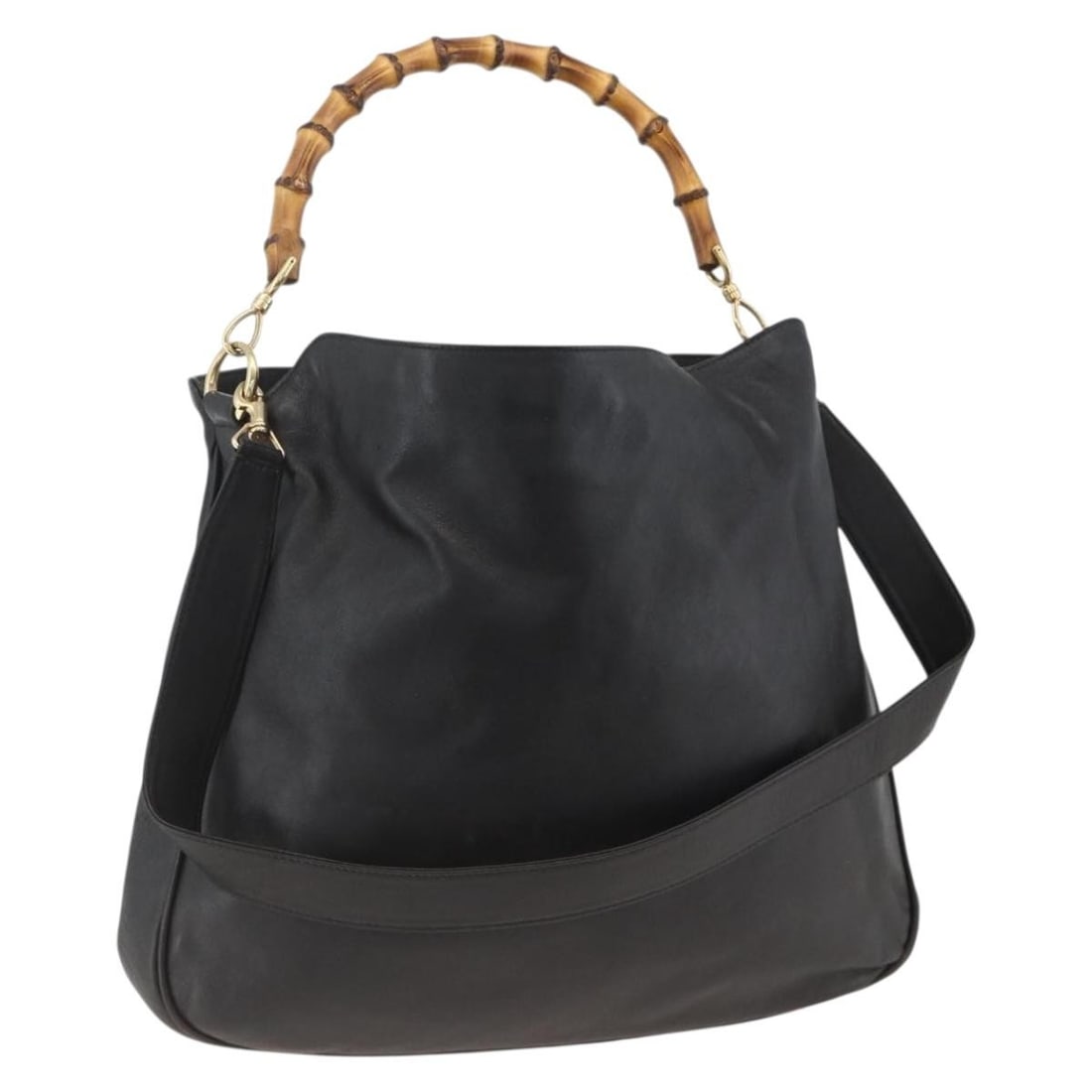 Gucci Black Leather Bamboo 2way Shoulder Bag with Gold Accents 001 1577: Gucci Black Leather Bamboo 2way Shoulder Bag with Gold Accents 001 1577 This GUCCI Bamboo Shoulder Bag is crafted from black leather with gold-tone accents and features a versatile 2-way design. The b