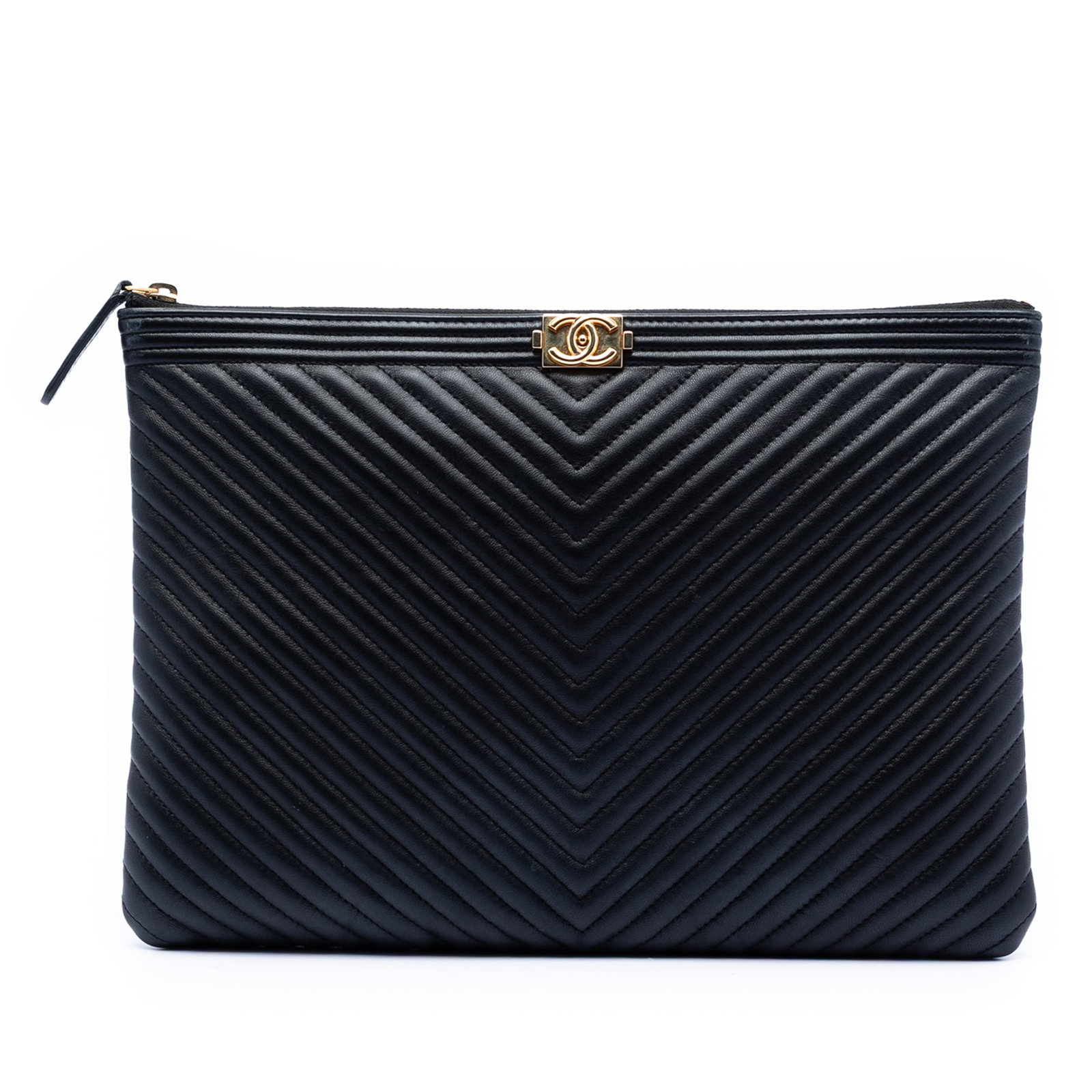Chanel Boy O Case Medium Black Chevron Lambskin Leather Clutch Bag (1 of 7)