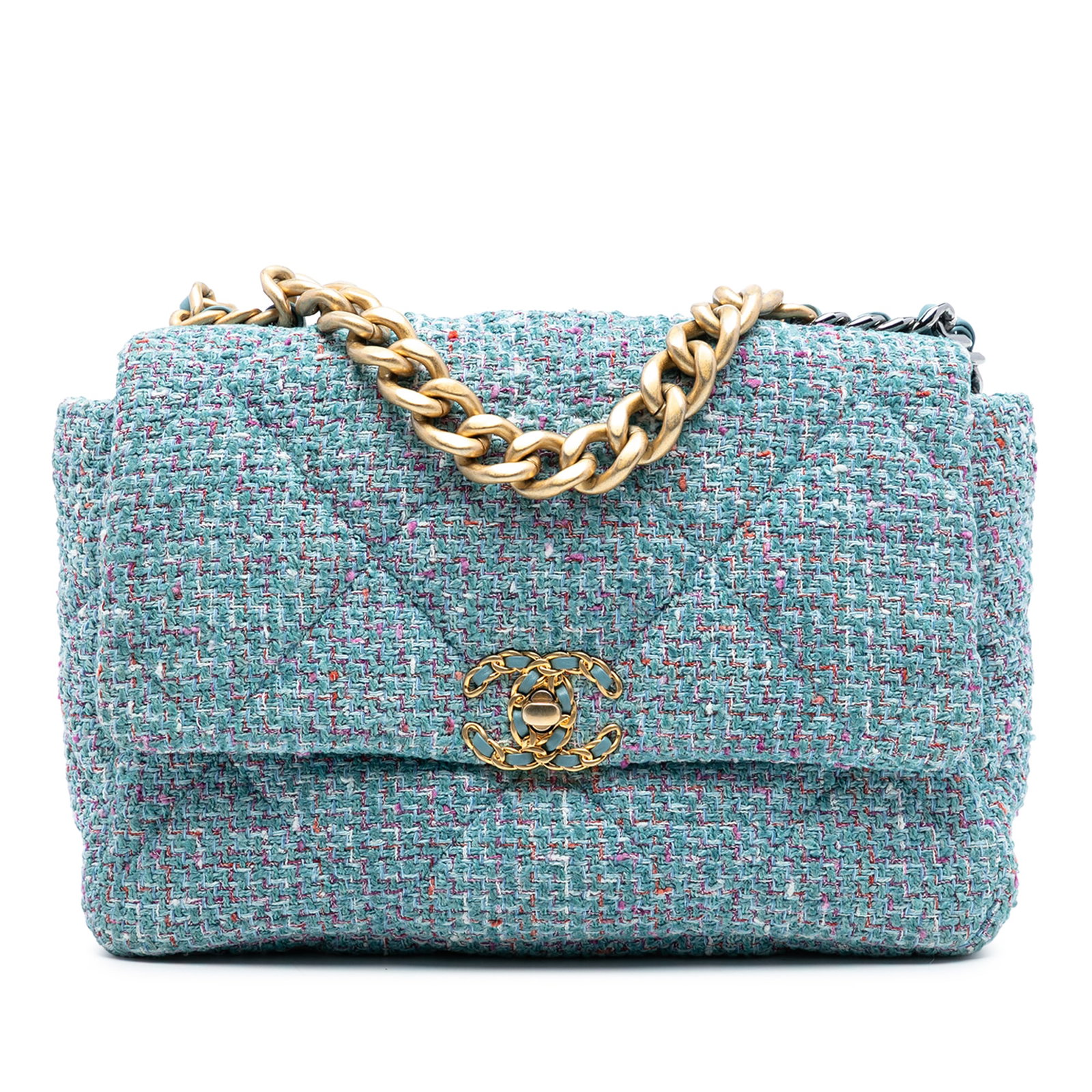 Chanel 19 Large Blue Tweed Flap Bag with Chain Handle: Chanel 19 Large Blue Tweed Flap Bag with Chain Handle This Chanel Large Tweed 19 Flap bag showcases a blue tweed body with a chain link handle and a leather-woven chain strap featuring a leather shoul